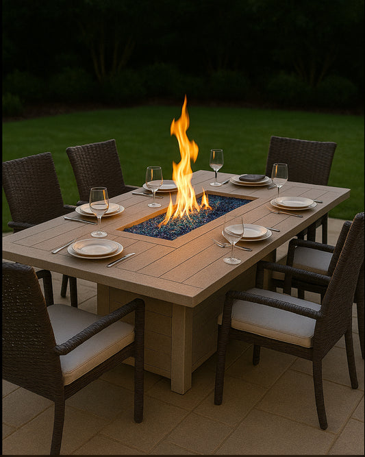 OUTDOOR FIRE TABLE DINING SET WITH 6 WICKER CHAIRS